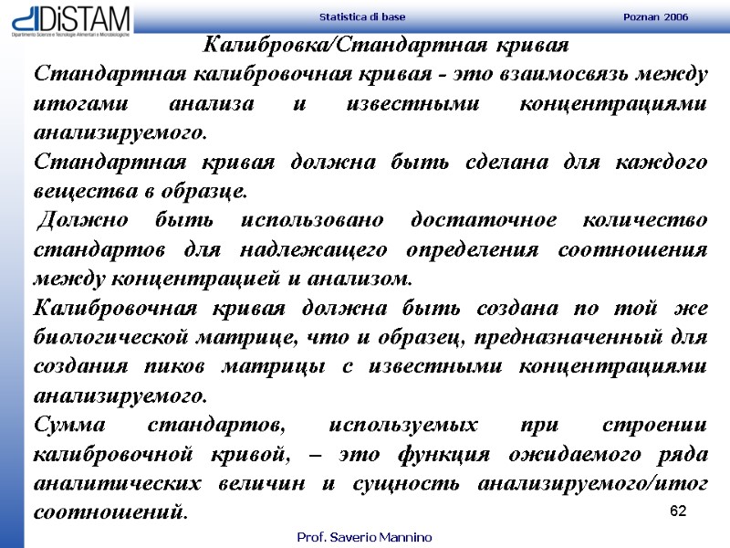 62        Калибровка/Стандартная кривая Стандартная калибровочная кривая -